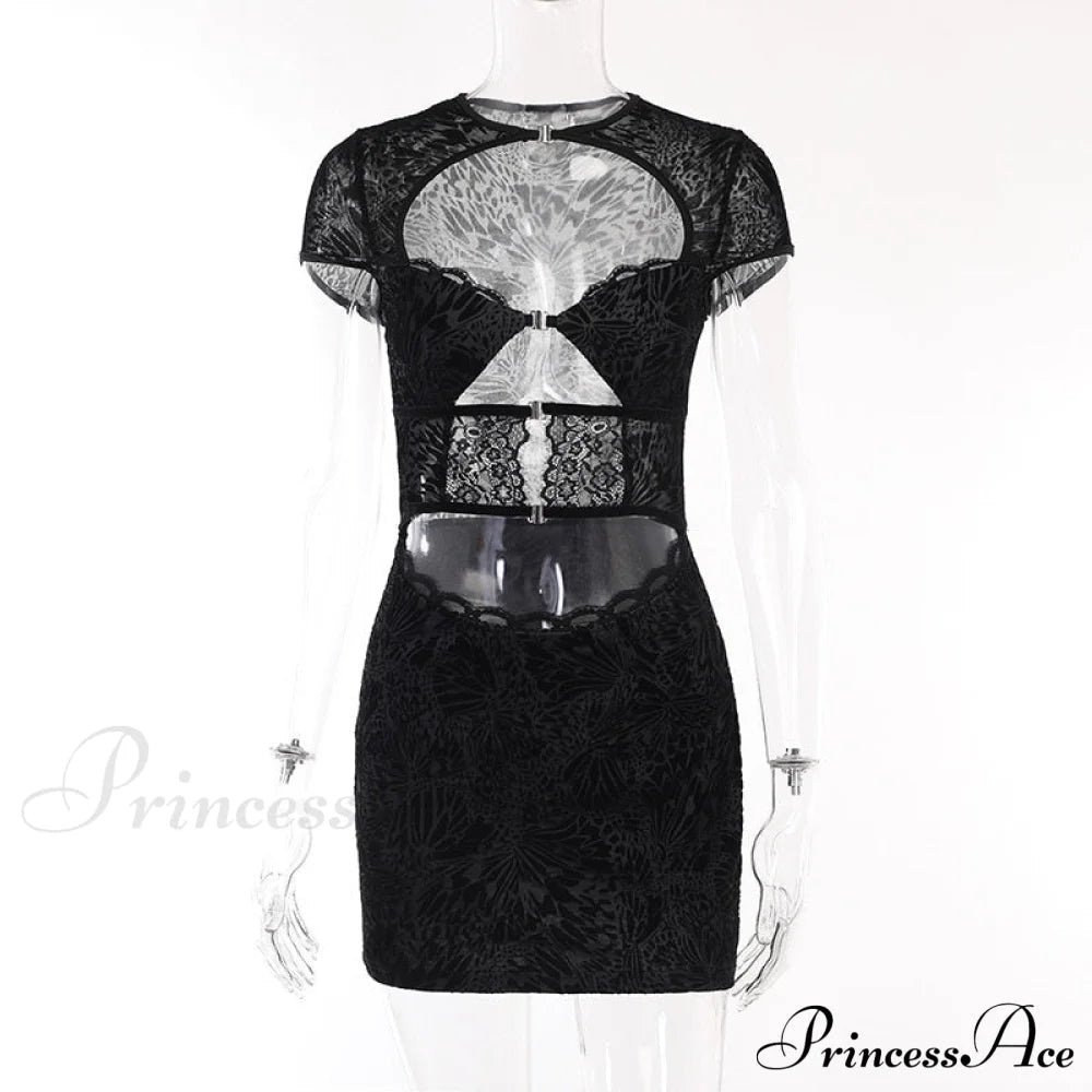 Black Lace Sheer Front Cut Out Design Short Sleeve Mini Dress