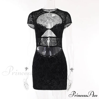 Black Lace Sheer Front Cut Out Design Short Sleeve Mini Dress