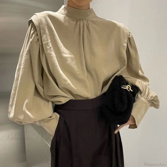Black Lantern Sleeve Button-up Blouse
