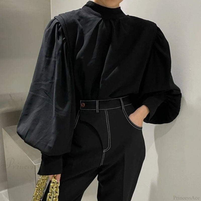 Black Lantern Sleeve Button-up Blouse
