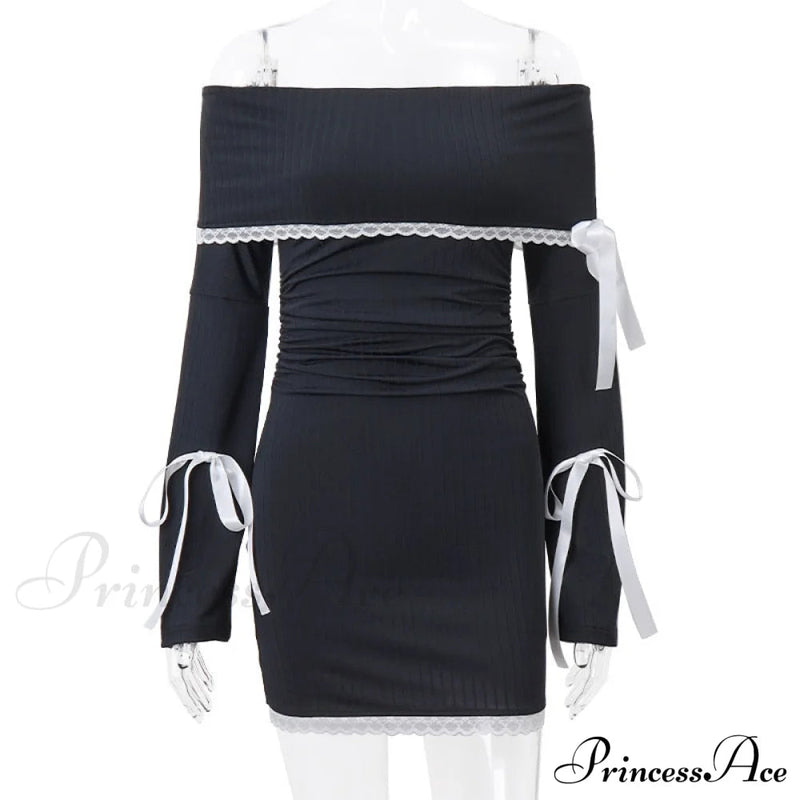 Black Long Sleeve Charming Off-shoulder Bow Mini Dress