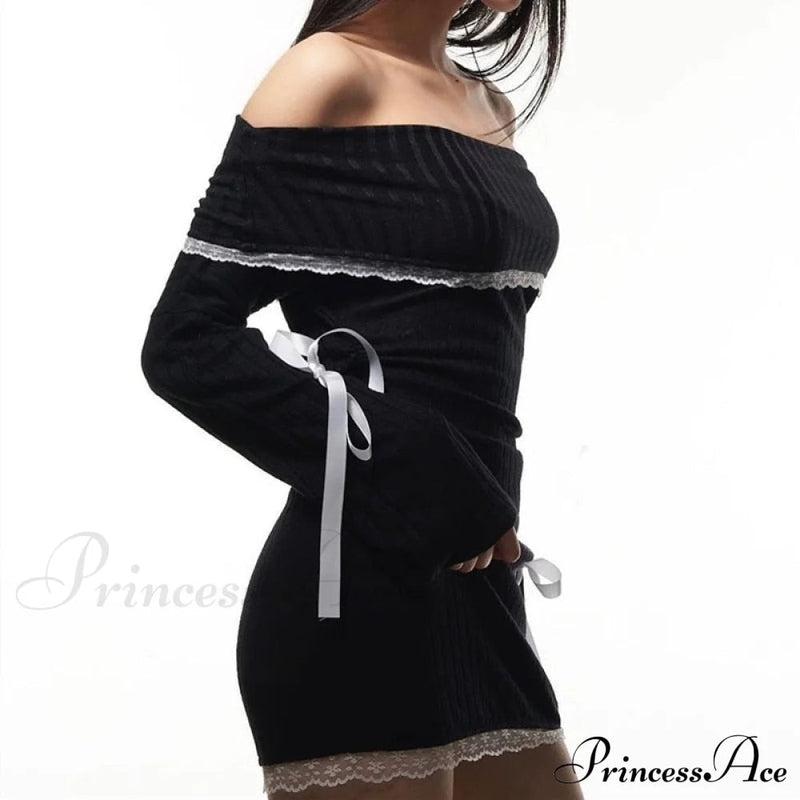 Black Long Sleeve Charming Off-shoulder Bow Mini Dress