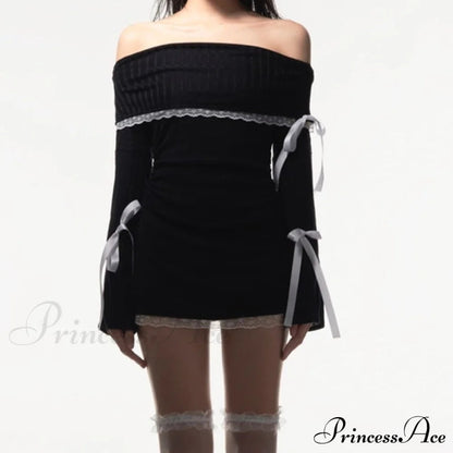 Black Long Sleeve Charming Off-shoulder Bow Mini Dress