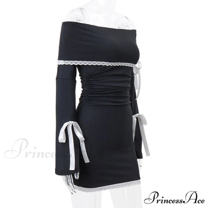 Black Long Sleeve Charming Off-shoulder Bow Mini Dress