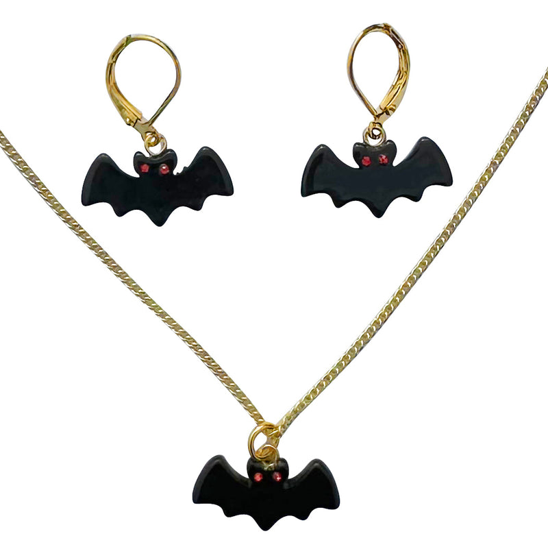 Black Bat Charm Red Crystal Eyes Matching Gold Necklace & Earring Set - 18