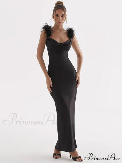 Black Satin Feather Charming Strap Maxi Dress