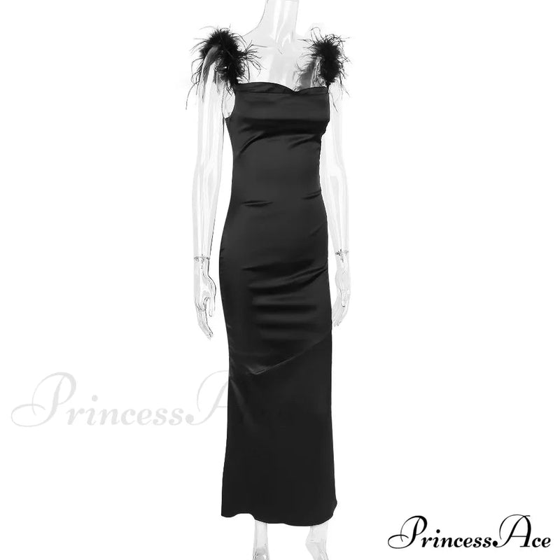 Black Satin Feather Charming Strap Maxi Dress