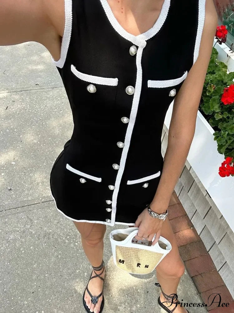 Black Sleeveless Contrast Charming Buttoned Mini Dress