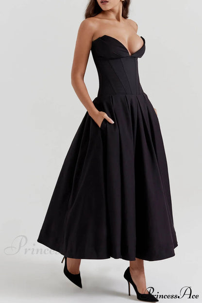 Black Strapless Stylish Midi Dress