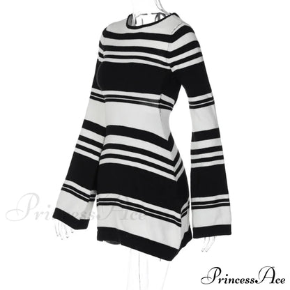 Black Stripe Knit Backless Graceful Long Sleeve Mini Dress