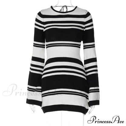 Black Stripe Knit Backless Graceful Long Sleeve Mini Dress