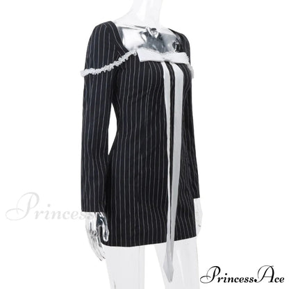 Black Stripe Long Charming Sleeve Bow Mini Dress