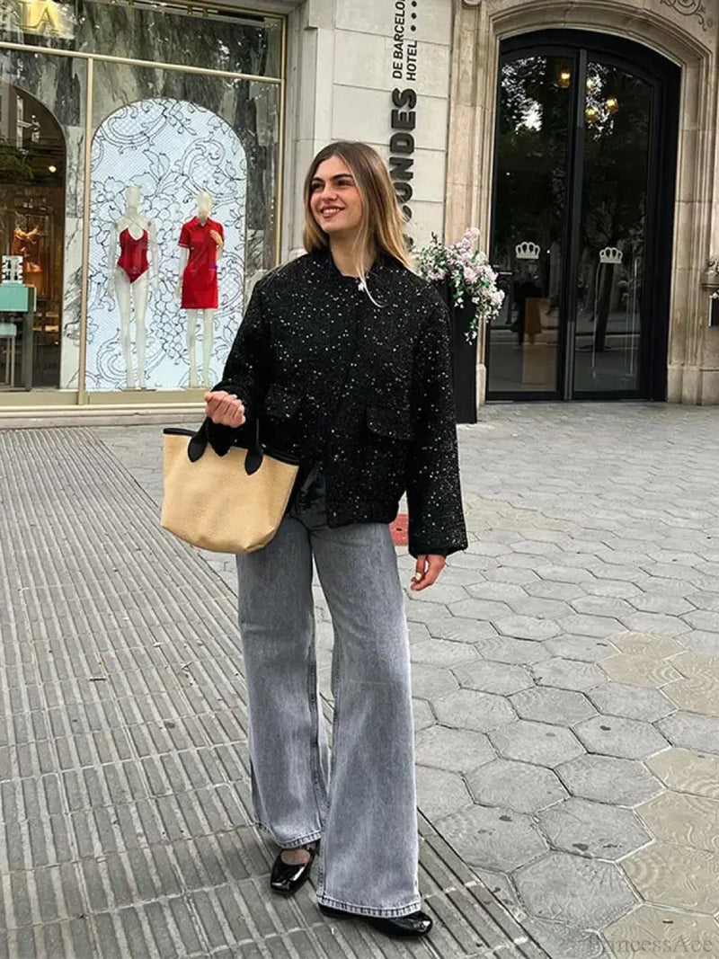 Black Zipper Bomber Short Coat