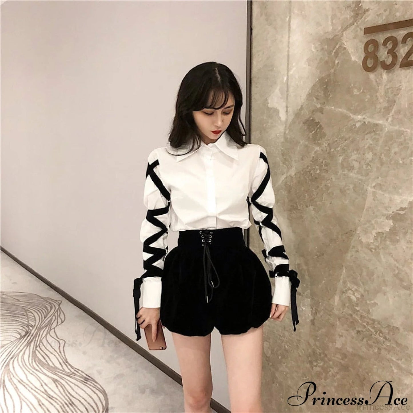 Blous Top Spring Long Ribbons Arm Black Stitching Office Blouse Lady Blouse