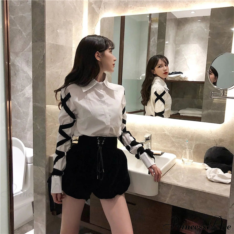 Blous Top Spring Long Ribbons Arm Black Stitching Office Blouse Lady Blouse