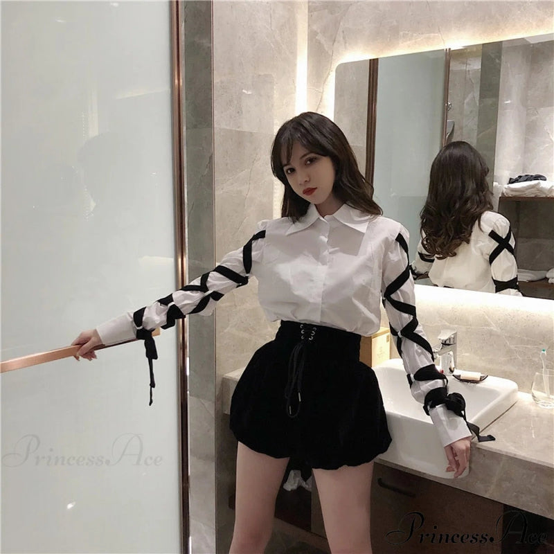 Blous Top Spring Long Ribbons Arm Black Stitching Office Blouse Lady Blouse