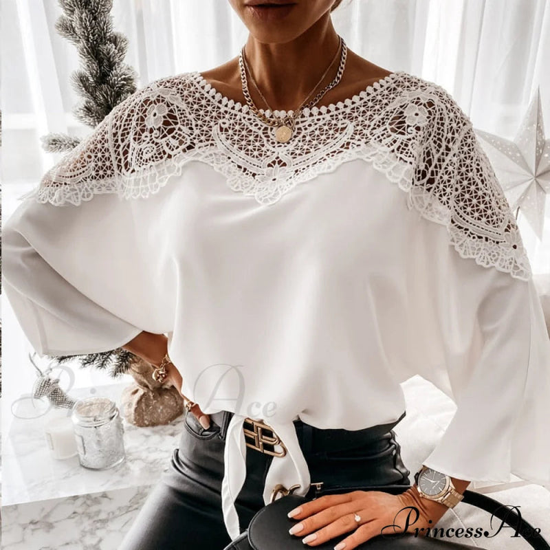 Blouse Embroidery Lace Top Blouse Crochet Autumn White Blusa 12459