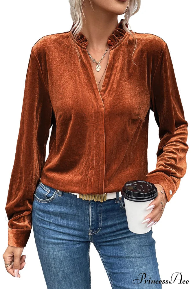 Blouse Frilled Flame Gold Velvet With Collar