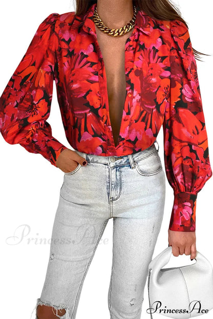 Blouse Lantern Arm Flowered Design in Red