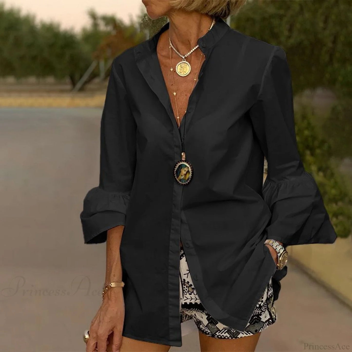 Blouse Office Arm - V Button Flare Up White Neck Blouse