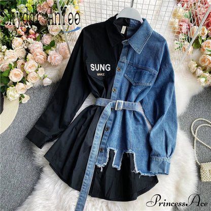 Blouse Patchwork - Plaid Jeans Long Blouse With Autumn Arm Design Slim Dress