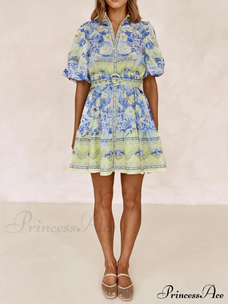 Blue and Yellow Charming Print Mini Dress