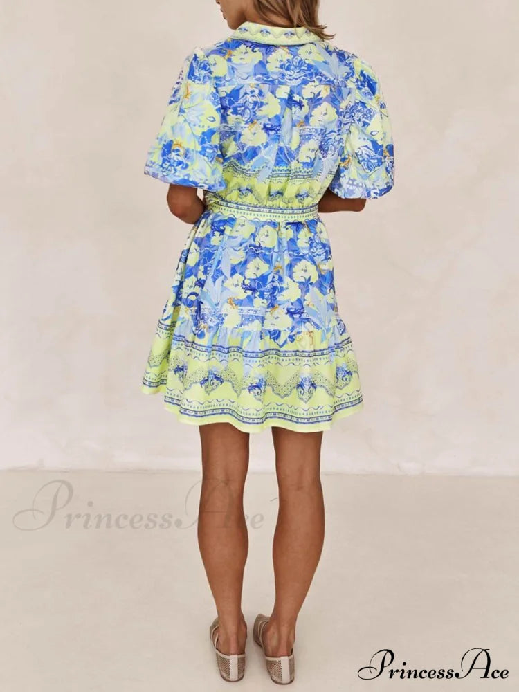 Blue and Yellow Charming Print Mini Dress