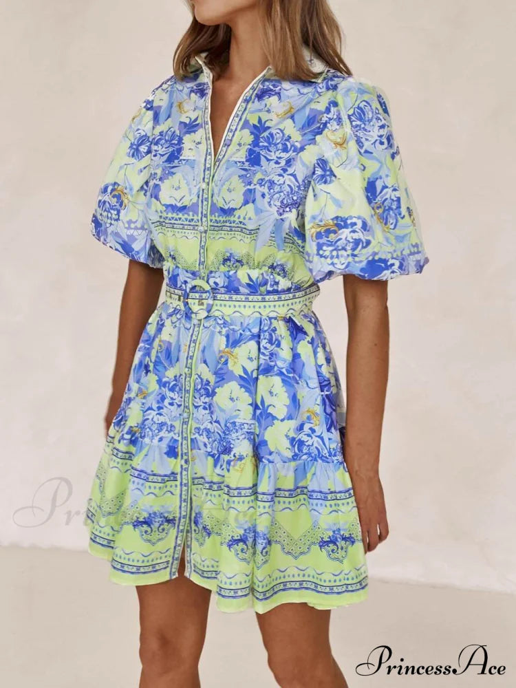 Blue and Yellow Charming Print Mini Dress