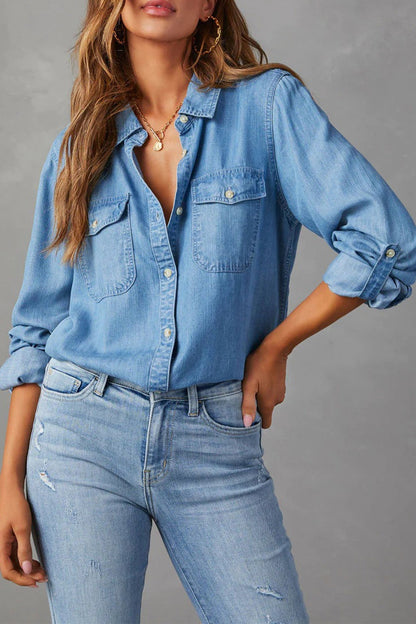 Long Sleeve Button-up Denim Blouse