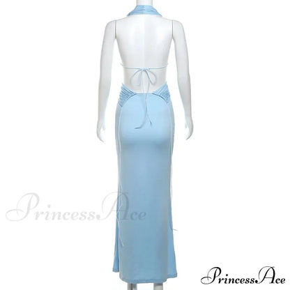 Blue Deep Slit Charming Neck Pleated Maxi Dress