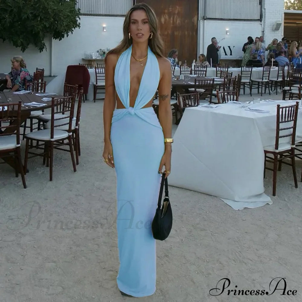Blue Deep Slit Charming Neck Pleated Maxi Dress
