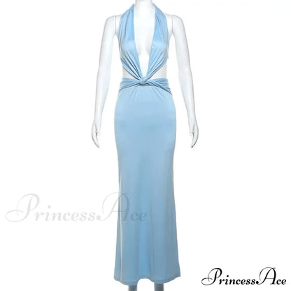 Blue Deep Slit Charming Neck Pleated Maxi Dress