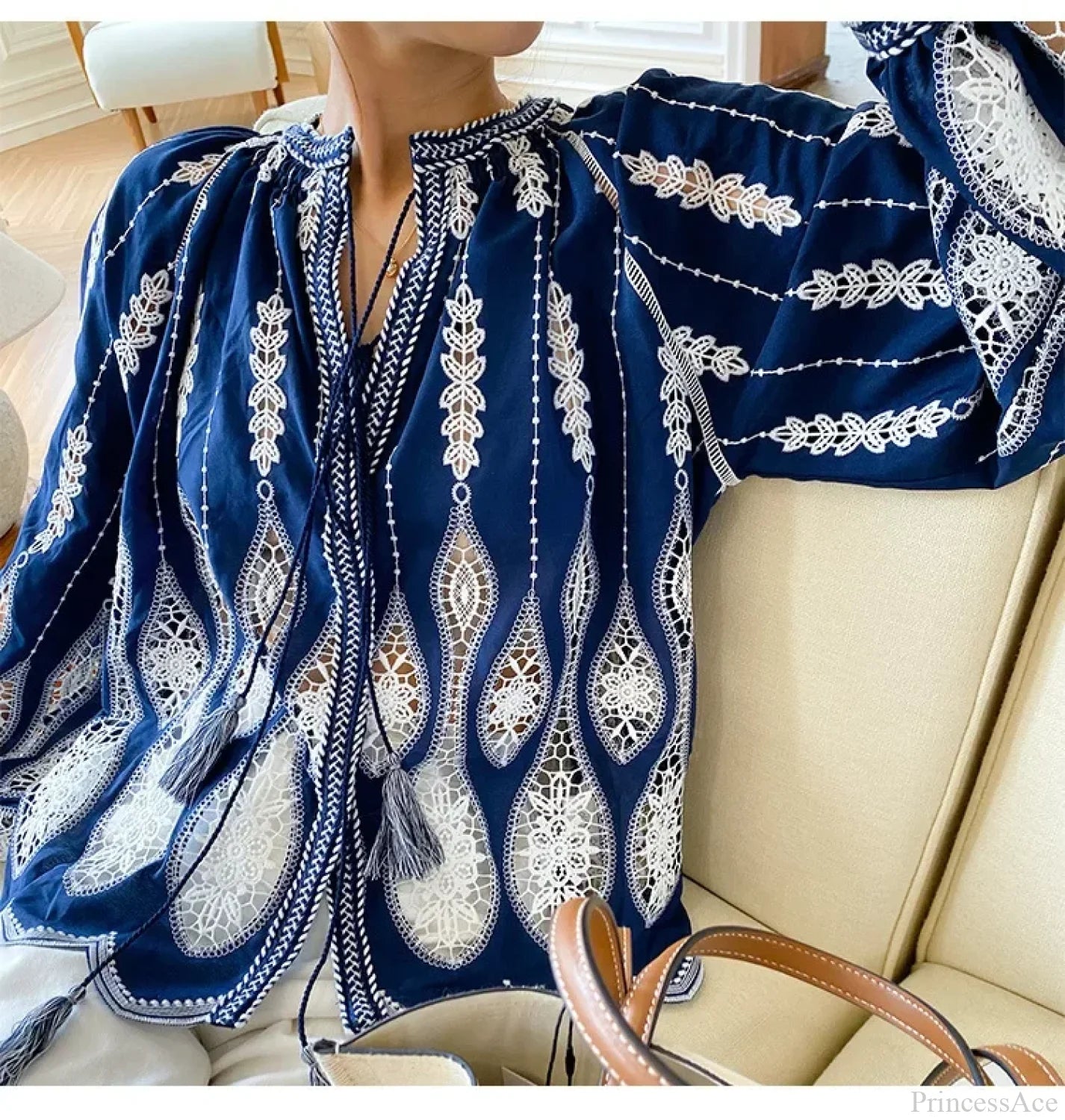 Blue Embroidery Lantern Sleeve Blouse