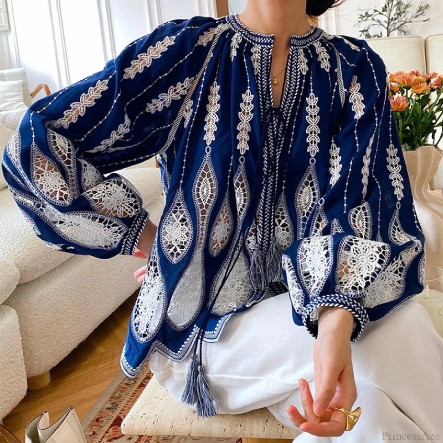 Blue Embroidery Lantern Sleeve Blouse