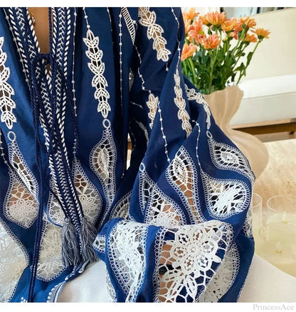 Blue Embroidery Lantern Sleeve Blouse