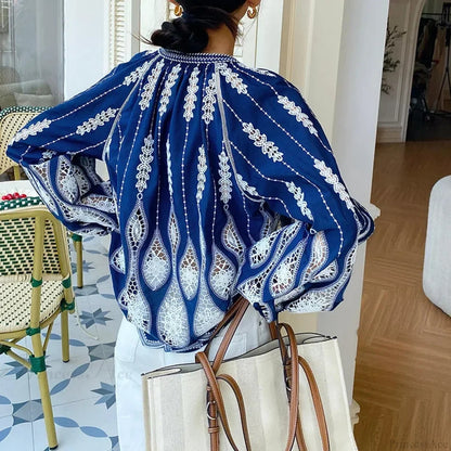 Blue Embroidery Lantern Sleeve Blouse