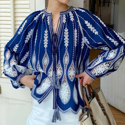 Blue Embroidery Lantern Sleeve Blouse