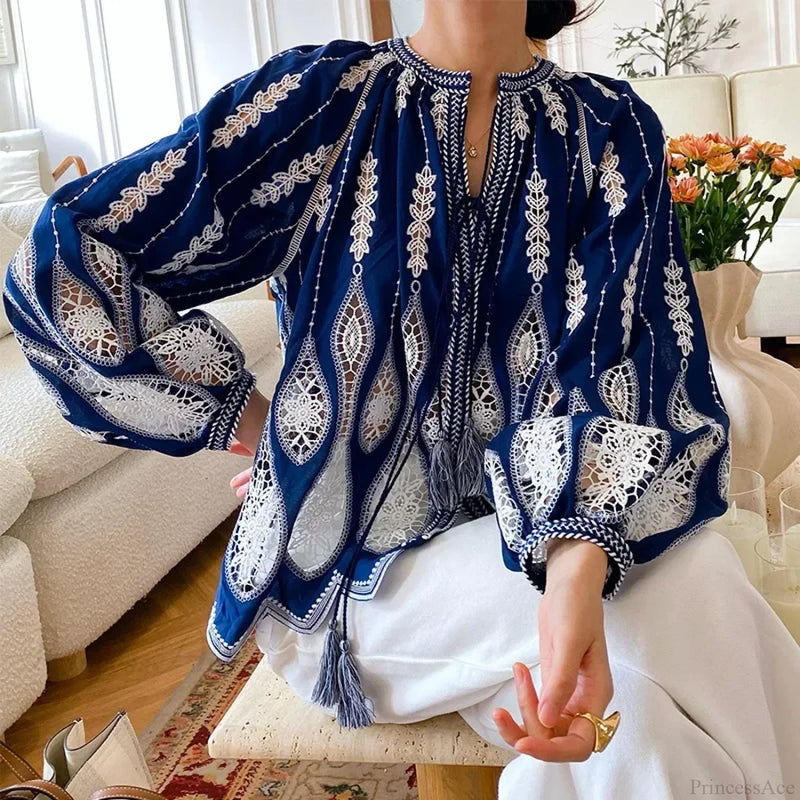 Blue Embroidery Lantern Sleeve Blouse