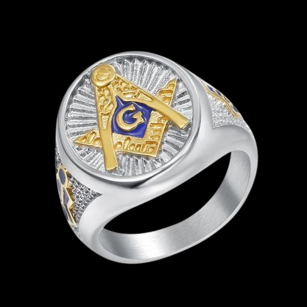 Blue Enamel Two Tone Ag Masonic Ring
