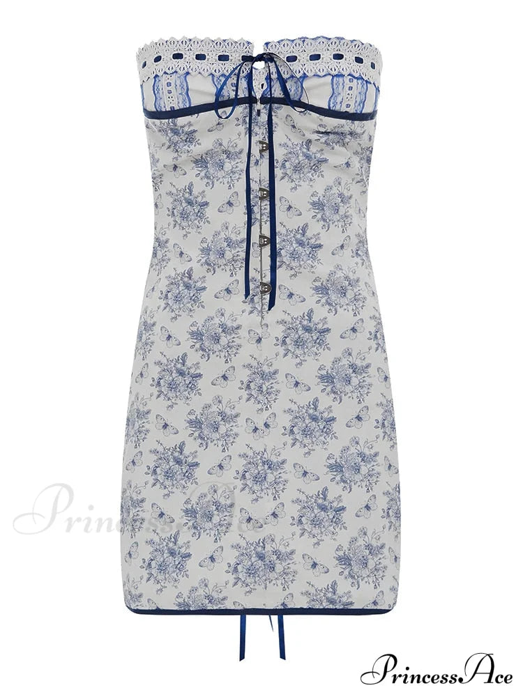 Blue Lace Charming Tube Mini Dress
