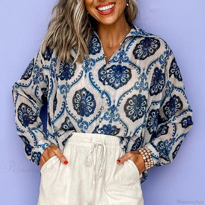 Blue Printed Long Sleeve V-neck Blouse