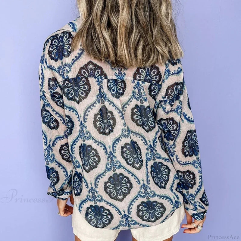 Blue Printed Long Sleeve V-neck Blouse