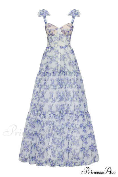Blue Hydrangea Tender Charming Tie-strap Maxi Dress