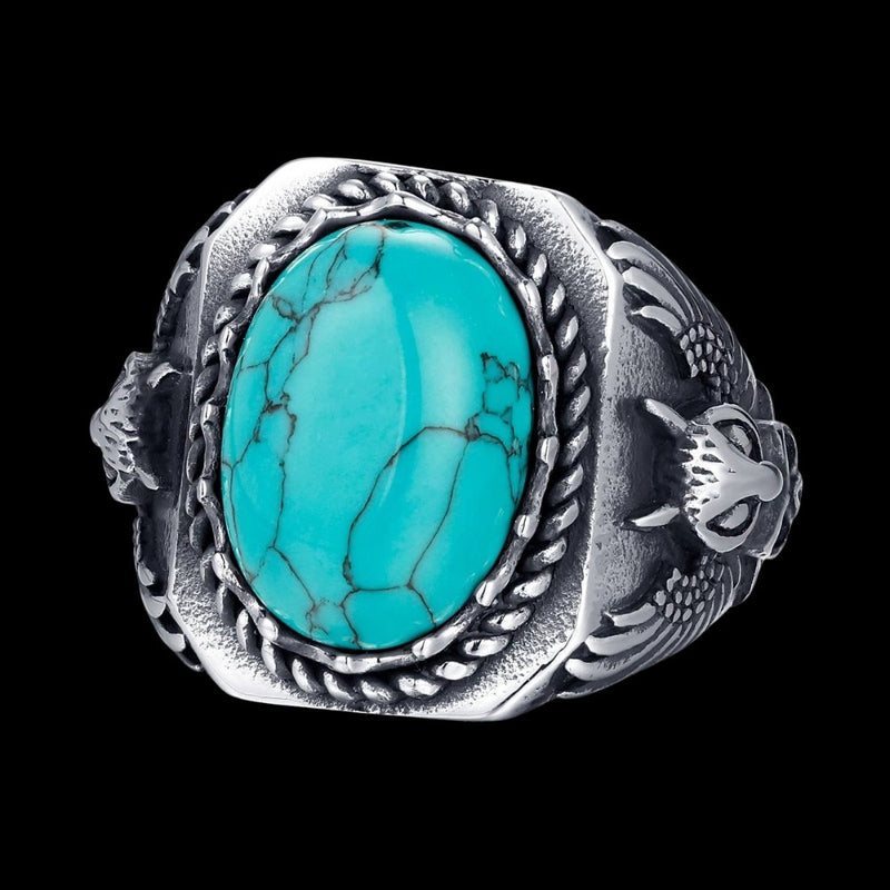 Blue Oval Gemstone Owl Signet Ring