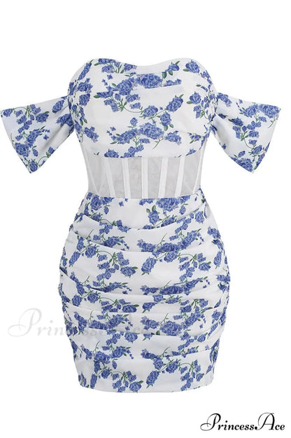 Blue Print Ruched Charming Mini Dress