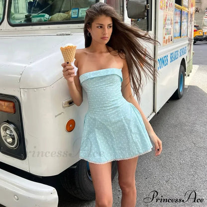 Blue Strapless Polka Charming Dot Mini Dress