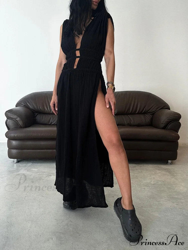 Braids Belt Cutout Graceful Slit Kaftan Maxi Dress