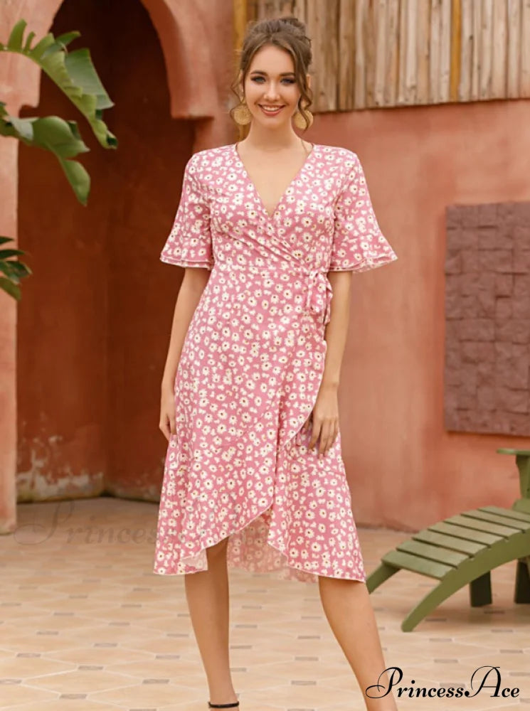 Print Midi Dress With Ruffle Sleeves for