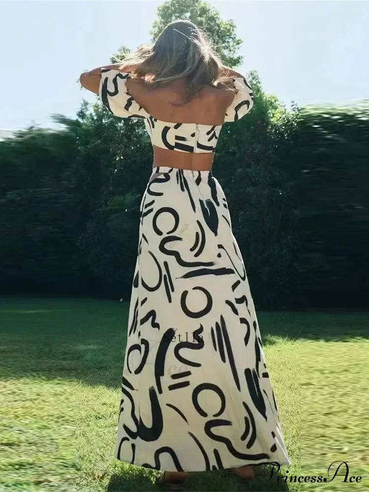 Print Two Piece Square Neck Suit Maxi Dress