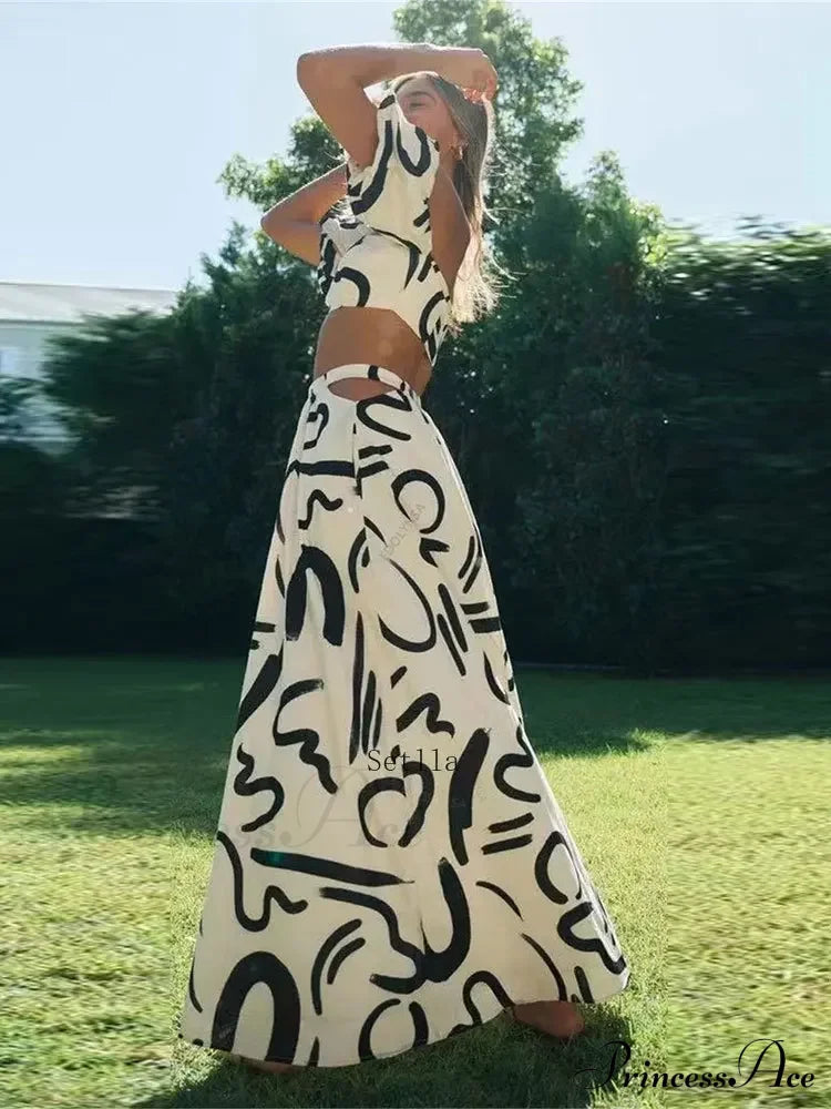Print Two Piece Square Neck Suit Maxi Dress
